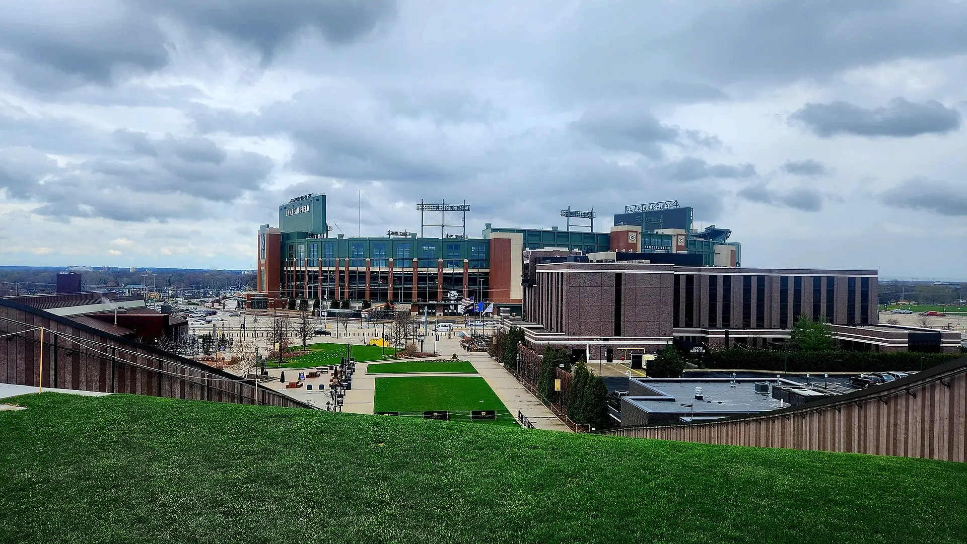 Lambeau Field seen from the Titletown district in Green Bay