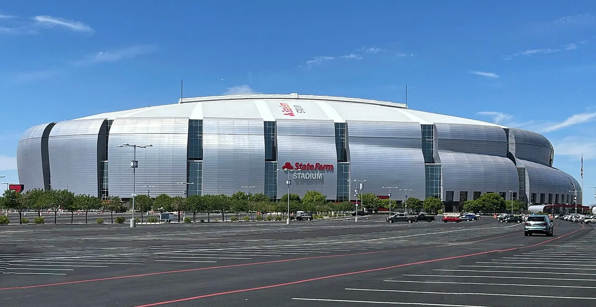Wide exterior view of State Farm Stadium in Glendale, Arizona, in 2022