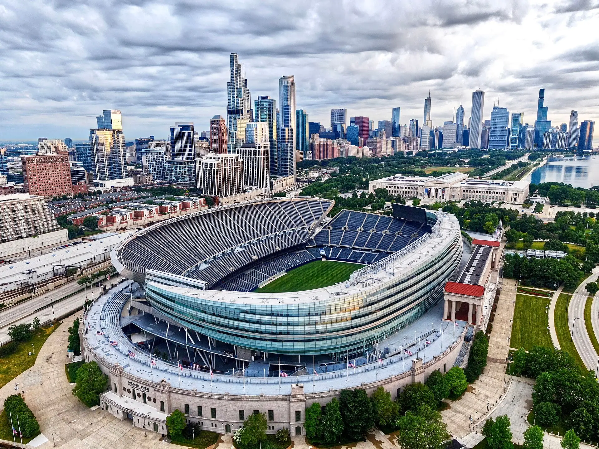 Soldier Field on Chicago's Near South Side, seen from outside the stadium