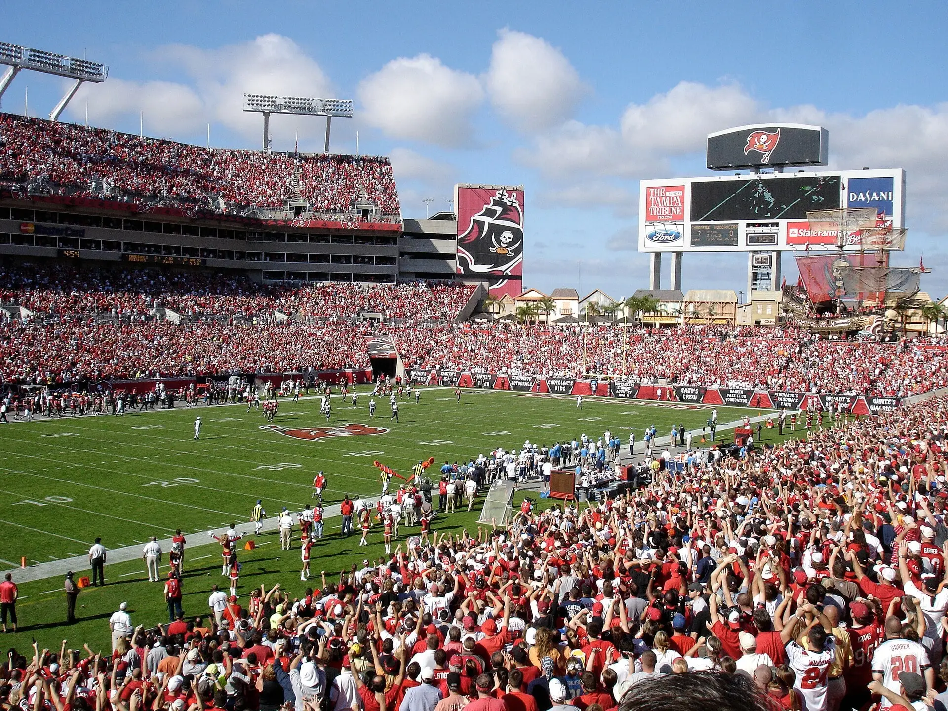 Raymond James Stadium during a Buccaneers game, with the pirate ship in the end zone