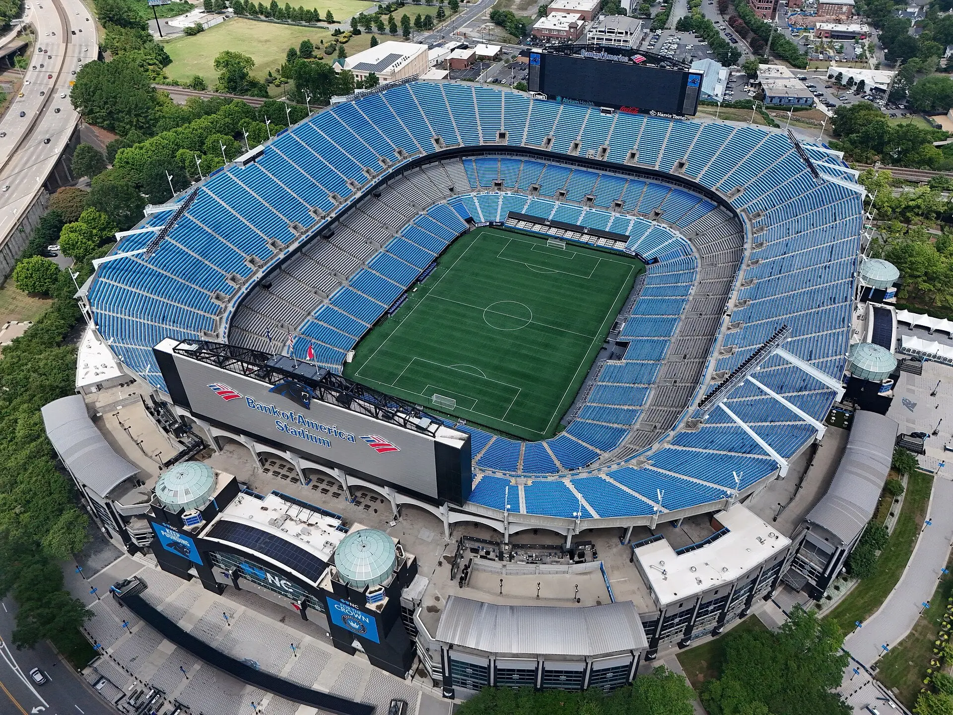Aerial view of Bank of America Stadium and the surrounding Uptown Charlotte blocks