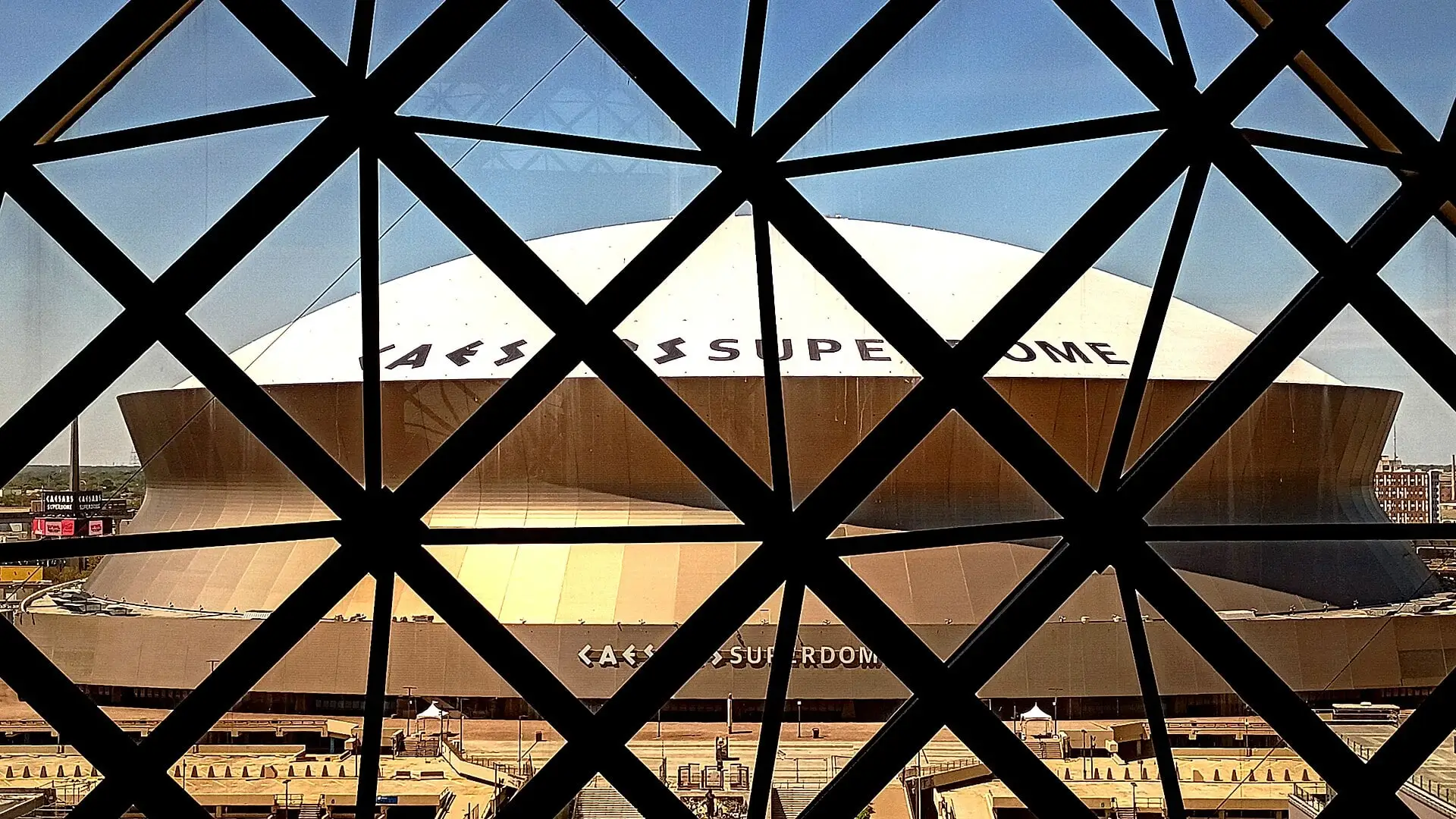 The Superdome beside Poydras Street in New Orleans, March 2026