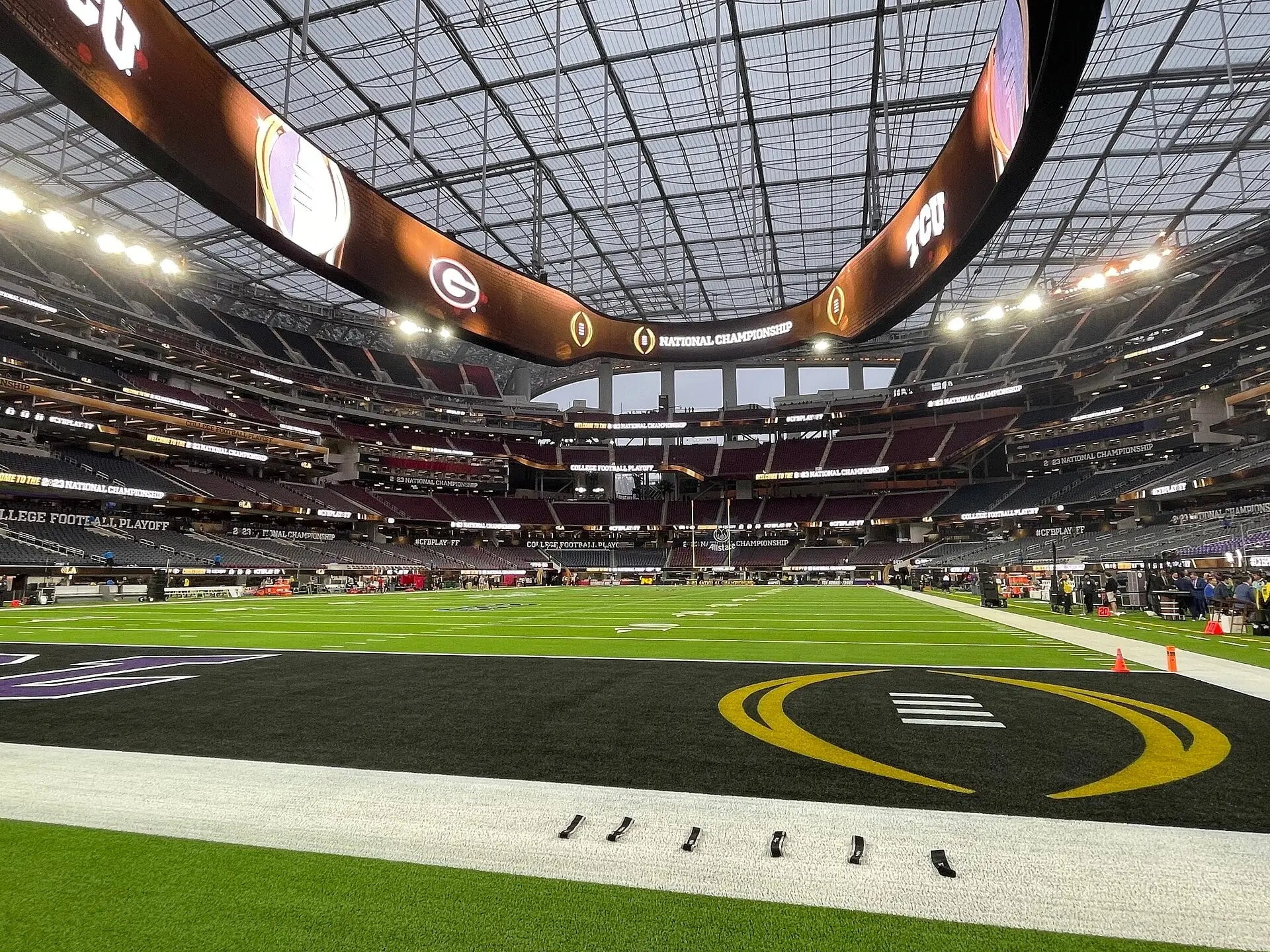 Seating bowl and field of SoFi Stadium seen from the south end zone before the 2023 College Football Playoff National Championship