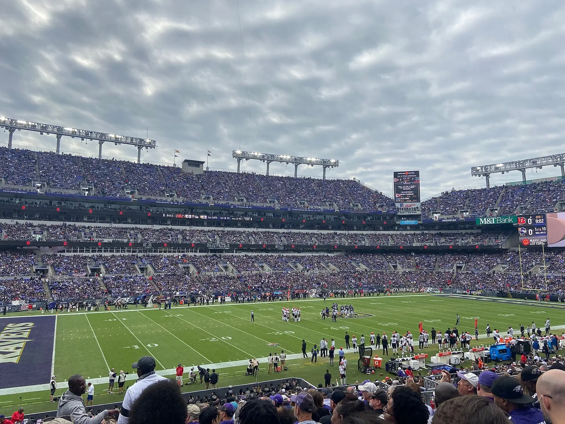 Seating bowl and field at M&T Bank Stadium during the Bengals-Ravens game on October 24, 2021