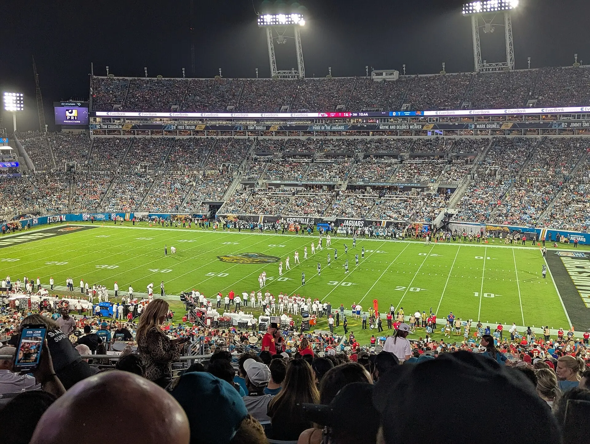 Kickoff in the second quarter of the Chiefs-Jaguars game at EverBank Stadium on October 5, 2025, before renovation work reduced seating