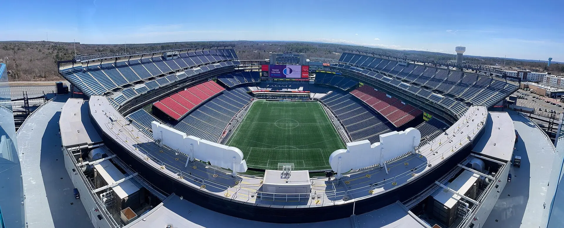 Wide panorama of Gillette Stadium and Patriot Place taken from the top of the Lighthouse, March 2025