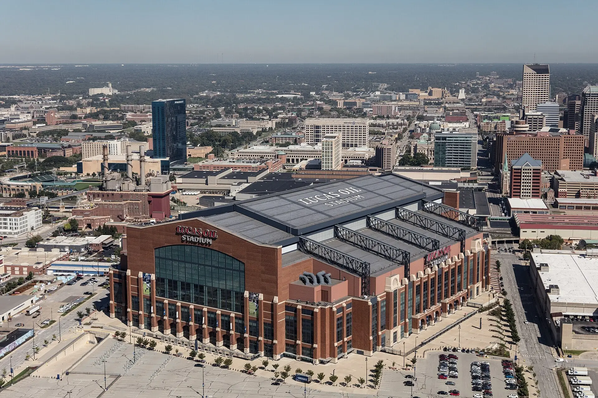 Aerial view of downtown Indianapolis with Lucas Oil Stadium in focus, September 2016