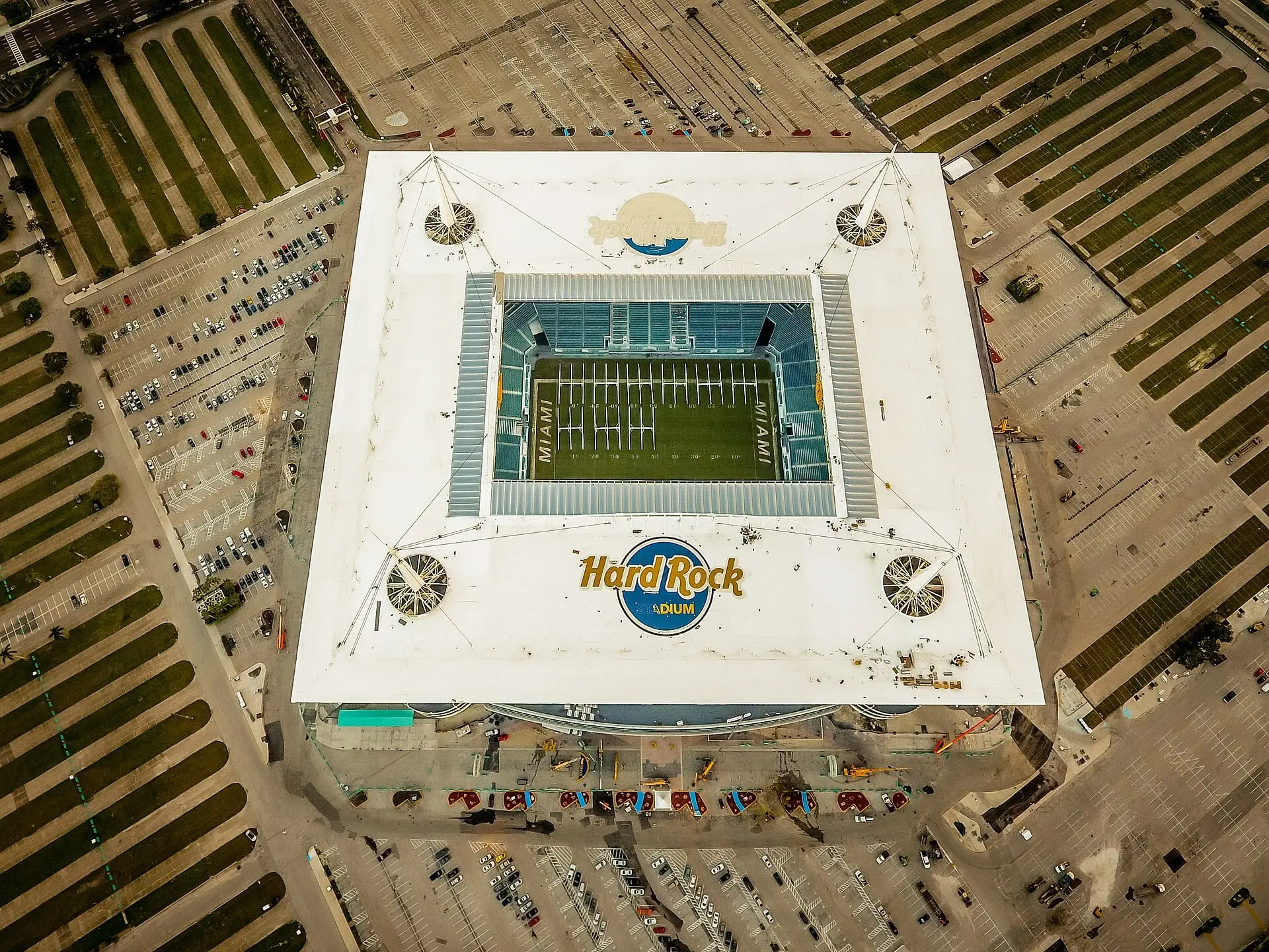 Hard Rock Stadium during final preparations for the first NFL game after its 2016 renovation