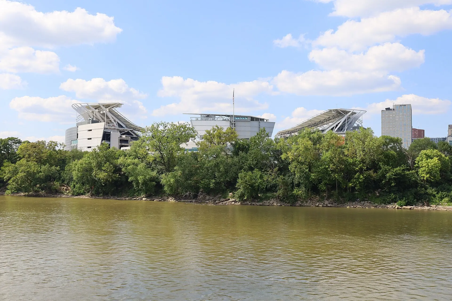 The stadium on Cincinnati's riverfront as seen from a boat on the Ohio River in 2022