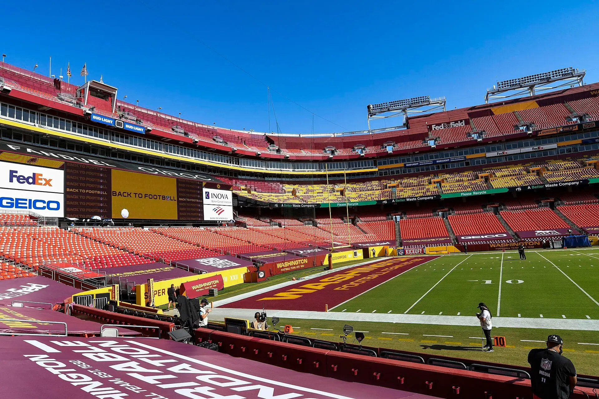 FedExField, now Northwest Stadium, before an NFL game in September 2020, seen across the seating bowl