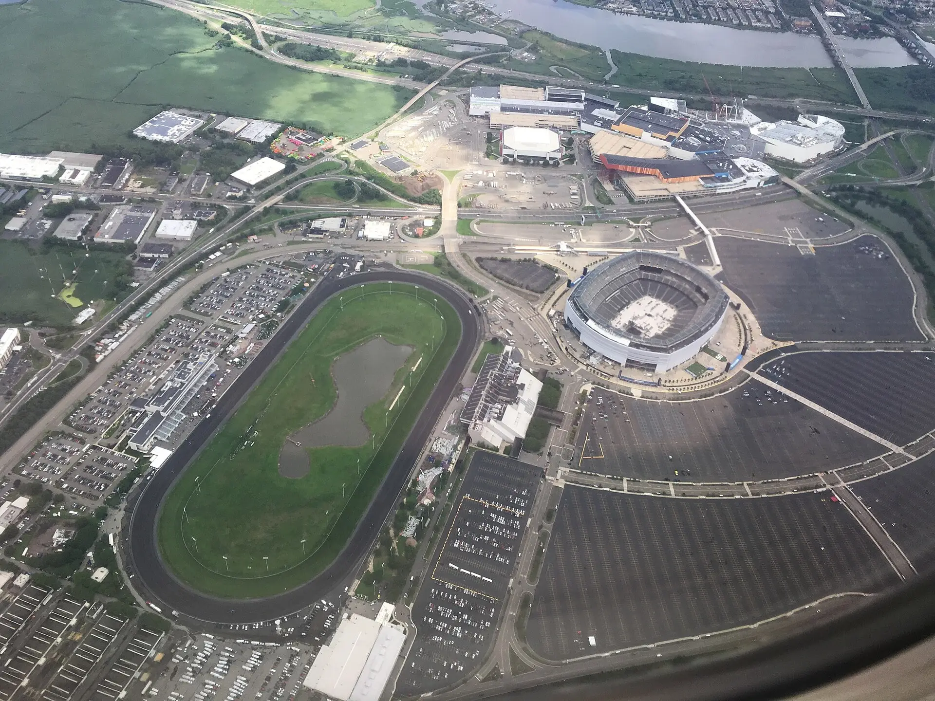 Aerial view of the Meadowlands Sports Complex in East Rutherford, including MetLife Stadium, August 2018