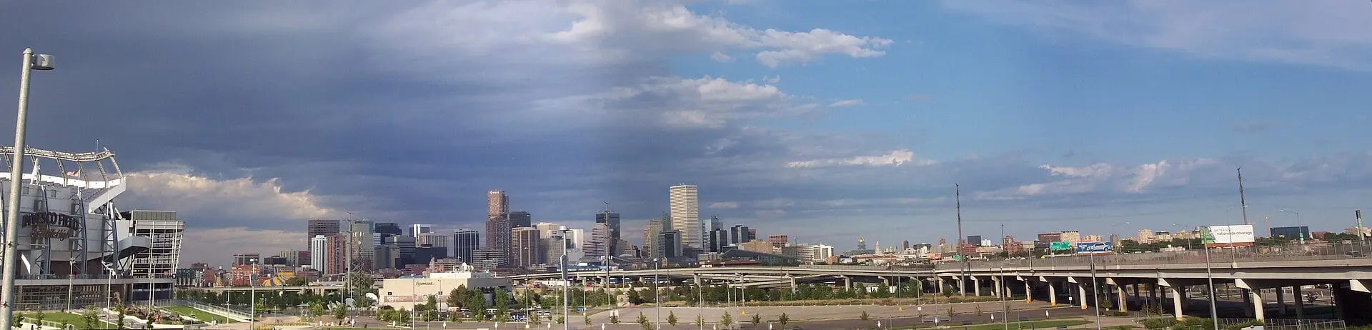 Panorama showing the stadium, downtown Denver and the Golden Triangle neighborhood from left to right, 2007
